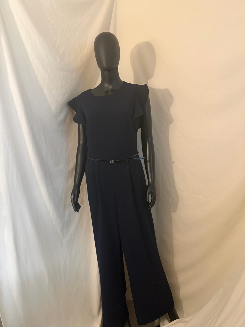 Calvin Klein Navy Ruffle-Sleeve Wide-Leg Jumpsuit